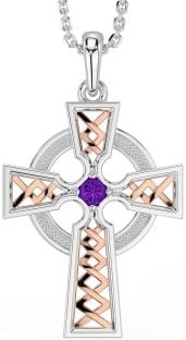 Amethyst Rose Gold Silver Celtic Cross Necklace