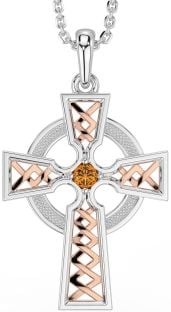 Citrine Rose Gold Silver Celtic Cross Necklace