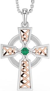 Emerald Rose Gold Silver Celtic Cross Necklace