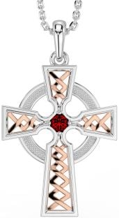 Garnet Rose Gold Silver Celtic Cross Necklace