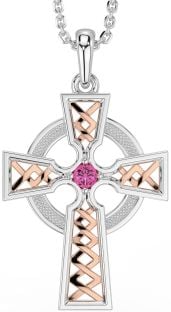 Pink Tourmaline Rose Gold Silver Celtic Cross Necklace