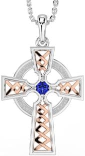 Sapphire Rose Gold Silver Celtic Cross Necklace