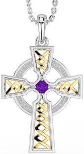 Amethyst Gold Silver Celtic Cross Necklace