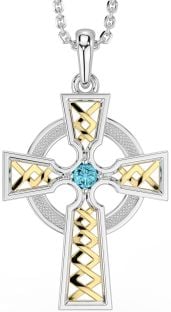 Aquamarine Gold Silver Celtic Cross Necklace