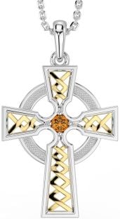 Citrine Gold Silver Celtic Cross Necklace