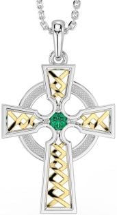 Emerald Gold Silver Celtic Cross Necklace