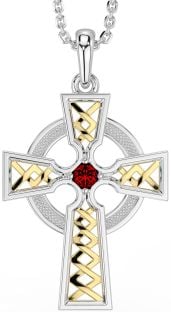 Garnet Gold Silver Celtic Cross Necklace