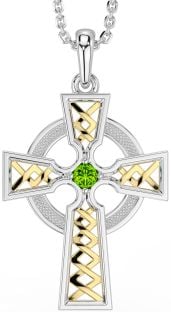 Peridot Gold Silver Celtic Cross Necklace