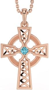 Aquamarine Rose Gold Silver Celtic Cross Necklace