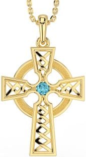 Aquamarine Gold Silver Celtic Cross Necklace