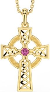 Pink Tourmaline Gold Silver Celtic Cross Necklace