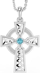 Aquamarine Silver Celtic Cross Necklace