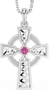 Pink Tourmaline Silver Celtic Cross Necklace