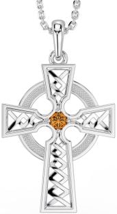 Citrine White Gold Celtic Cross Necklace