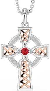 Ruby White Rose Gold Celtic Cross Necklace