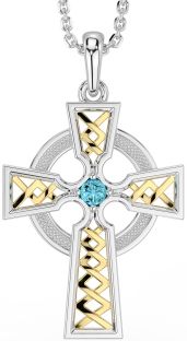 Aquamarine White Yellow Gold Celtic Cross Necklace