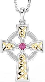 Pink Tourmaline White Yellow Gold Celtic Cross Necklace