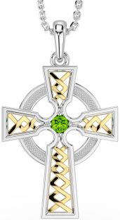 Peridot White Yellow Gold Celtic Cross Necklace