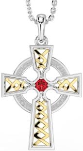 Ruby White Yellow Gold Celtic Cross Necklace