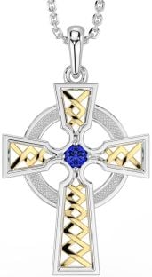 Sapphire White Yellow Gold Celtic Cross Necklace