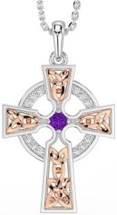 Diamond Amethyst Rose Gold Silver Celtic Cross Necklace