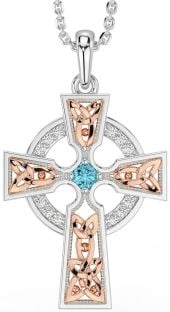 Diamond Aquamarine Rose Gold Silver Celtic Cross Necklace