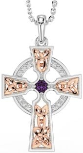 Diamond Alexandrite Rose Gold Silver Celtic Cross Necklace