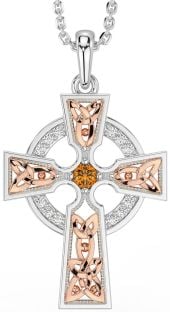 Diamond Citrine Rose Gold Silver Celtic Cross Necklace