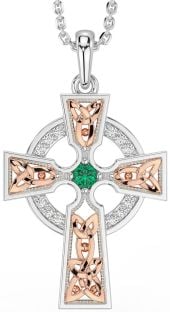 Diamond Emerald Rose Gold Silver Celtic Cross Necklace