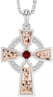 Diamond Garnet Rose Gold Silver Celtic Cross Necklace