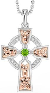 Diamond Peridot Rose Gold Silver Celtic Cross Necklace