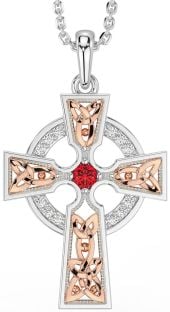 Diamond Ruby Rose Gold Silver Celtic Cross Necklace