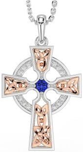 Diamond Sapphire Rose Gold Silver Celtic Cross Necklace