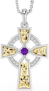 Diamond Amethyst Gold Silver Celtic Cross Necklace