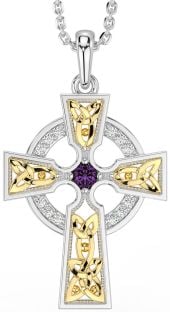 Diamond Alexandrite Gold Silver Celtic Cross Necklace