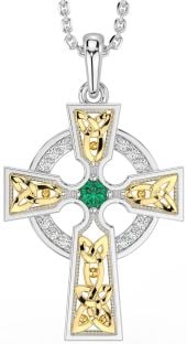 Diamond Emerald Gold Silver Celtic Cross Necklace