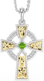 Diamond Peridot Gold Silver Celtic Cross Necklace