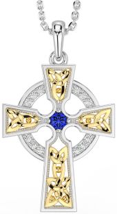 Diamond Sapphire Gold Silver Celtic Cross Necklace