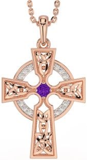 Diamond Amethyst Rose Gold Silver Celtic Cross Necklace