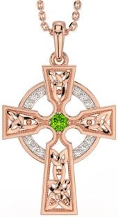 Diamond Peridot Rose Gold Silver Celtic Cross Necklace