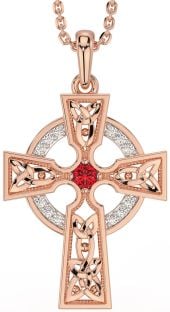 Diamond Ruby Rose Gold Silver Celtic Cross Necklace