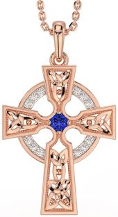 Diamond Sapphire Rose Gold Silver Celtic Cross Necklace