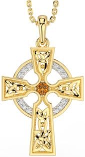 Diamond Citrine Gold Silver Celtic Cross Necklace