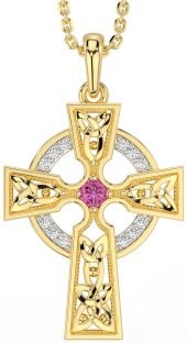 Diamond Pink Tourmaline Gold Silver Celtic Cross Necklace