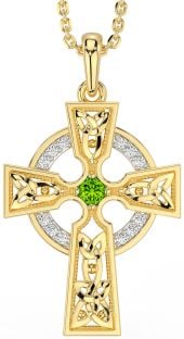 Diamond Peridot Gold Silver Celtic Cross Necklace