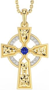 Diamond Sapphire Gold Silver Celtic Cross Necklace