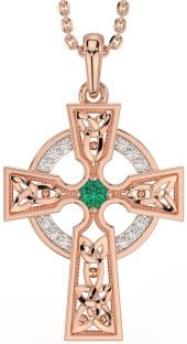 Diamond Emerald Rose Gold Celtic Cross Necklace