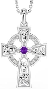 Diamond Amethyst Silver Celtic Cross Necklace