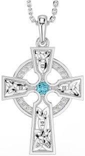 Diamond Aquamarine Silver Celtic Cross Necklace