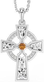 Diamond Citrine Silver Celtic Cross Necklace